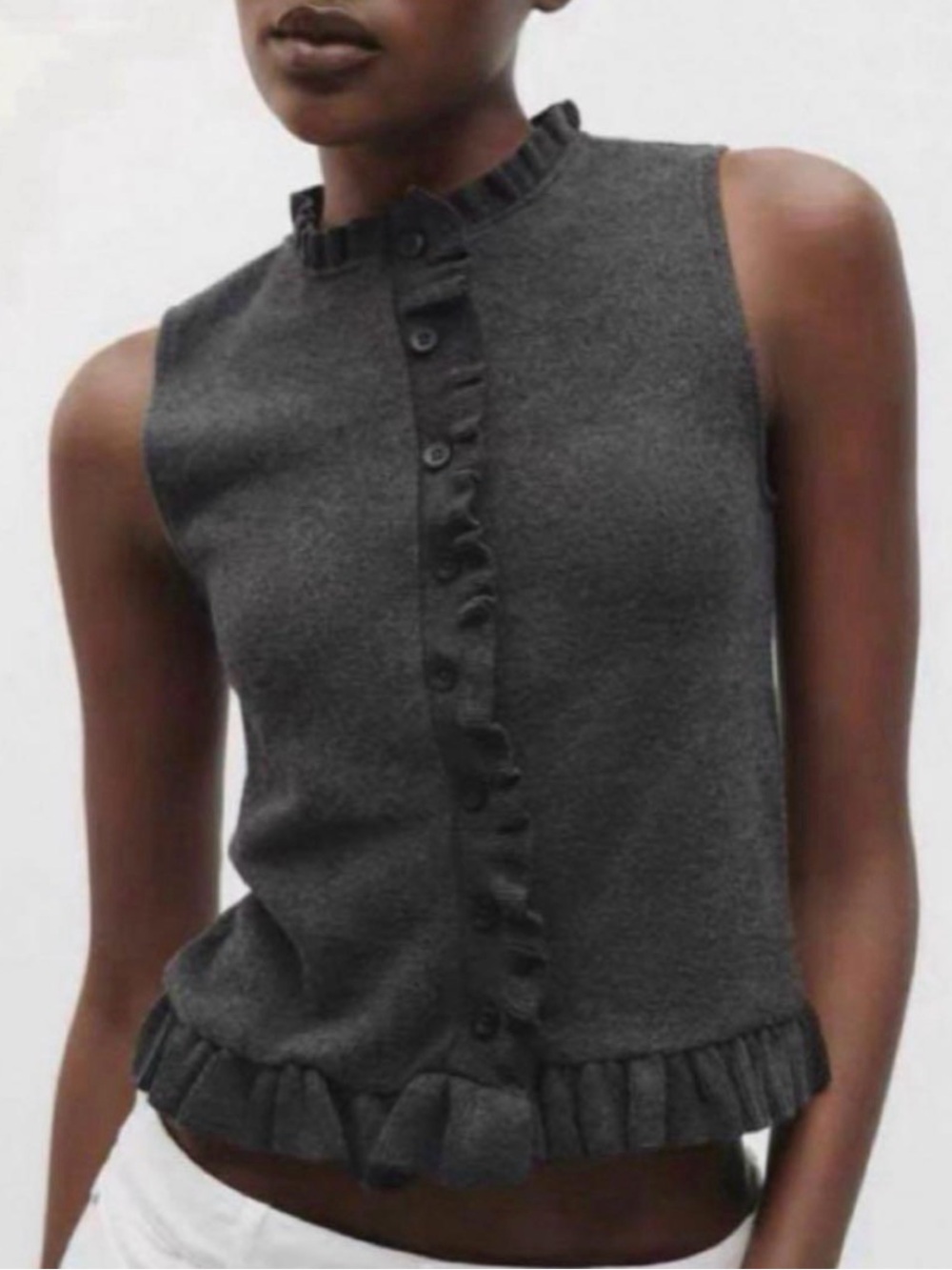 Zara Ribbed Knit Vest NWT Charcoal Gray Ruffle-Trim Button-Down L